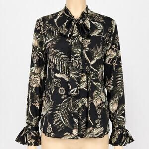 Banana Republic Black Botanical Print Tie Neck Blouse Women's Medium Long Sleeve